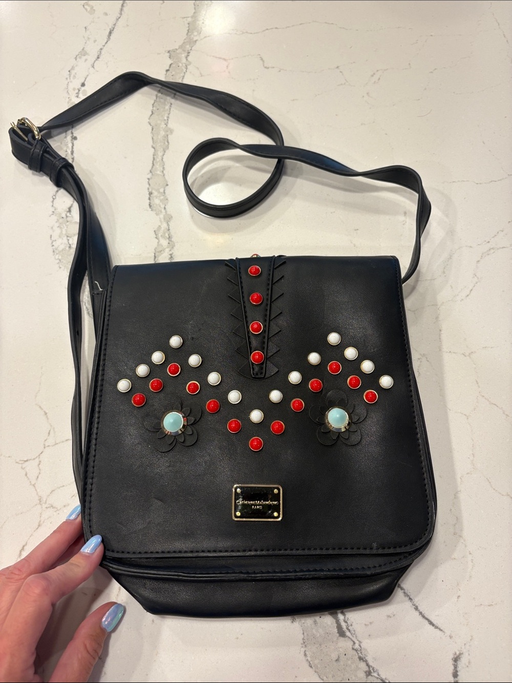 Black Embellished Crossbody Bag with Red & White Accents 9 by 10